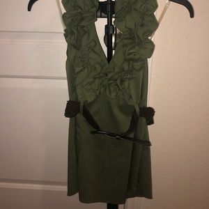 Navy green, no sleeve, ruffled blouse/top w/belt